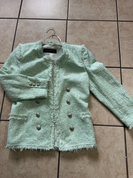 Zara Mint Bouclé Fringe Double-Breasted Blazer Jacket - Picture 6 of 6